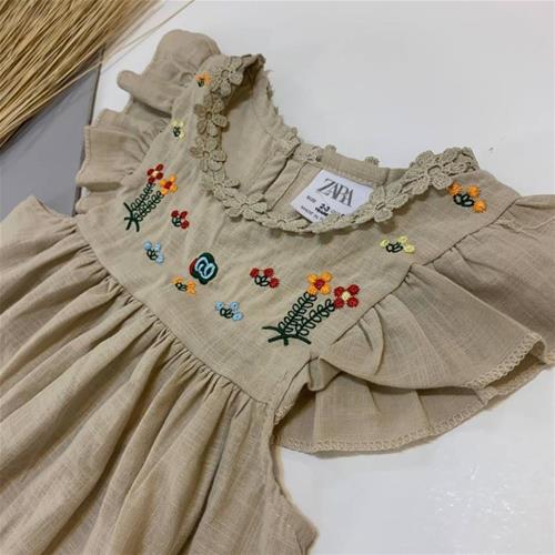 پیراهن کرم نخ کتان گلدوزی ترک ZARA از 2 تا 7 سال